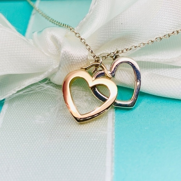TIFFANY & CO Double sentimental Heart Necklace 18k Gold 925 Silver retired! - Picture 3 of 11